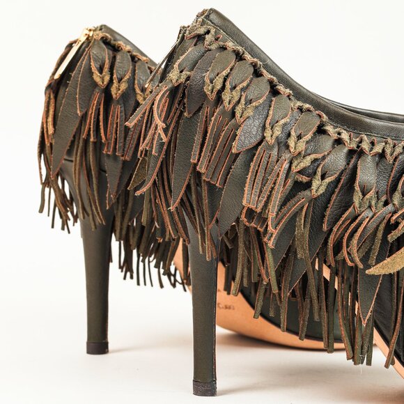 Sergio Rossi Green Leather Fringe Peep-Toe Bootie - Picture 8 of 11